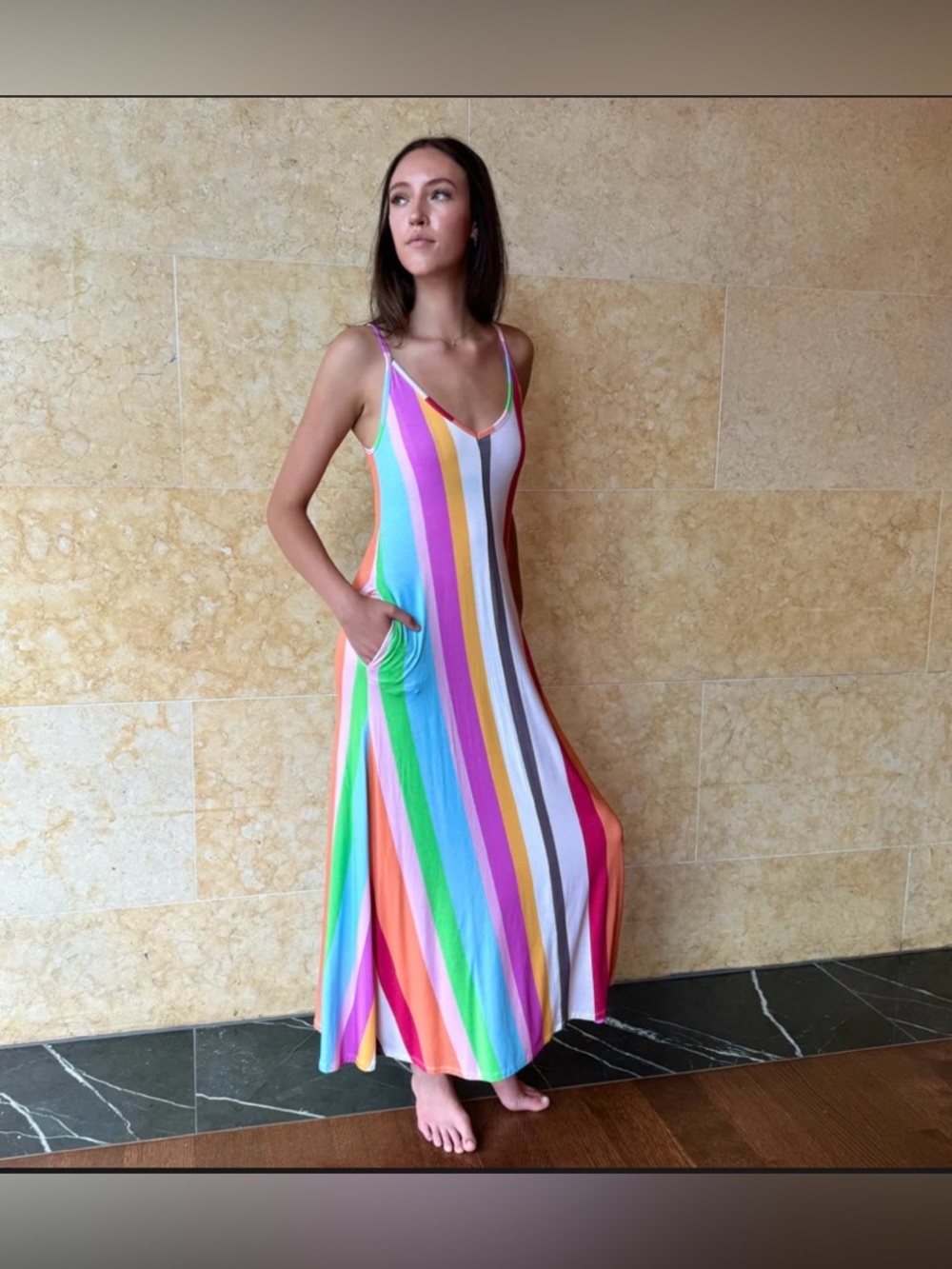Striped Rainbow Midi Dress with Pockets - Multicolor